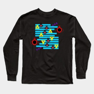 Warning Aliens Up Ahead! A fun abstract design in bright blue, red, yellow and purple. Perfect for fans of sci-fi and retro arcade games. Long Sleeve T-Shirt